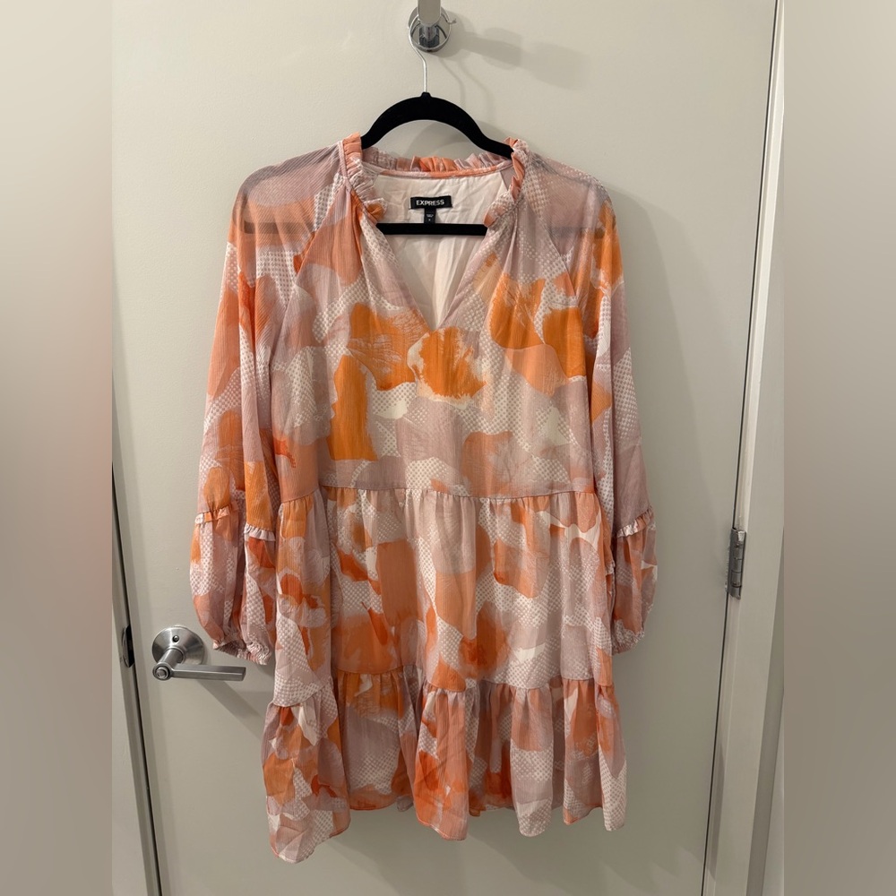 Express Floral Tiered Peasant Dress in Orange and White
